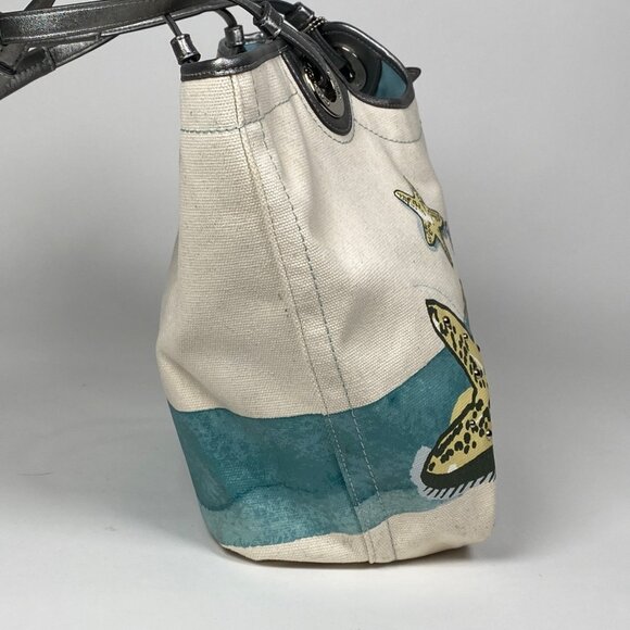 Coach F19212 Canvas Beach Starfish Tote Bag Silver Leather Handles 3 Keychains - Picture 5 of 10